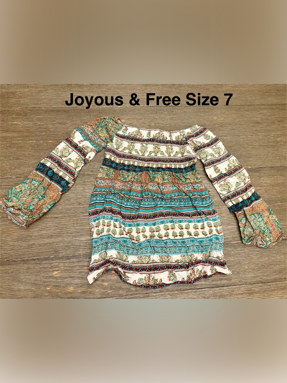 Joyous & Free Girls' Boho Print Peasant Top - Teal & Cream